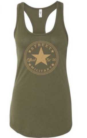 Women's Street Military Classic Military Green Racerback Tank Top- Khaki Logo